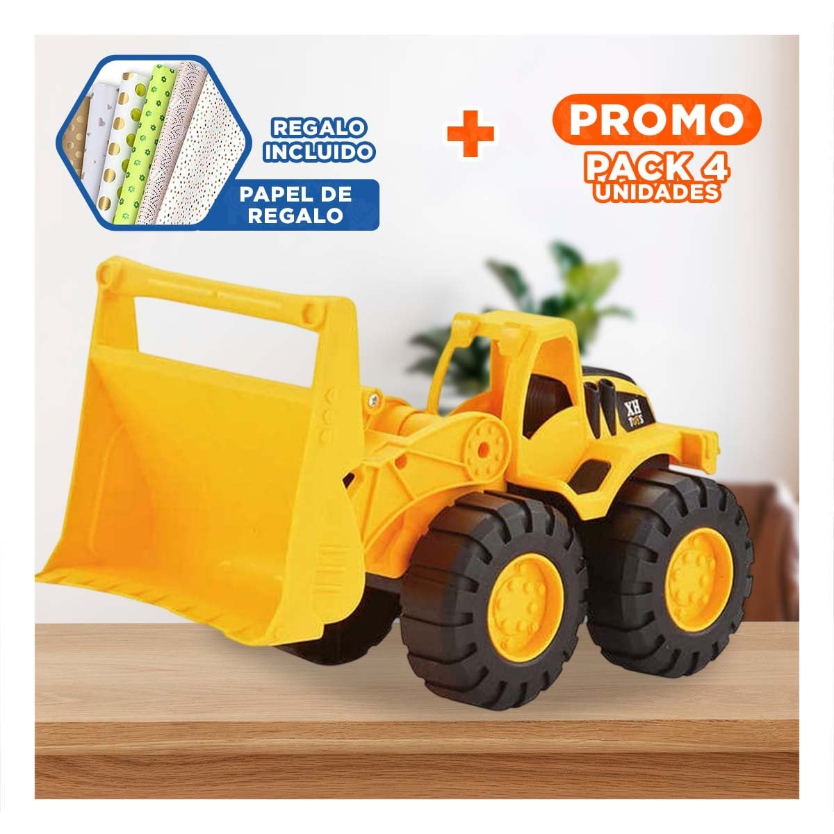 PACK4 MAQUINARIA DE OBRA BRAZO DELANTERO 19,5X32CM AMARILLO YPAPEL REGALO - 1