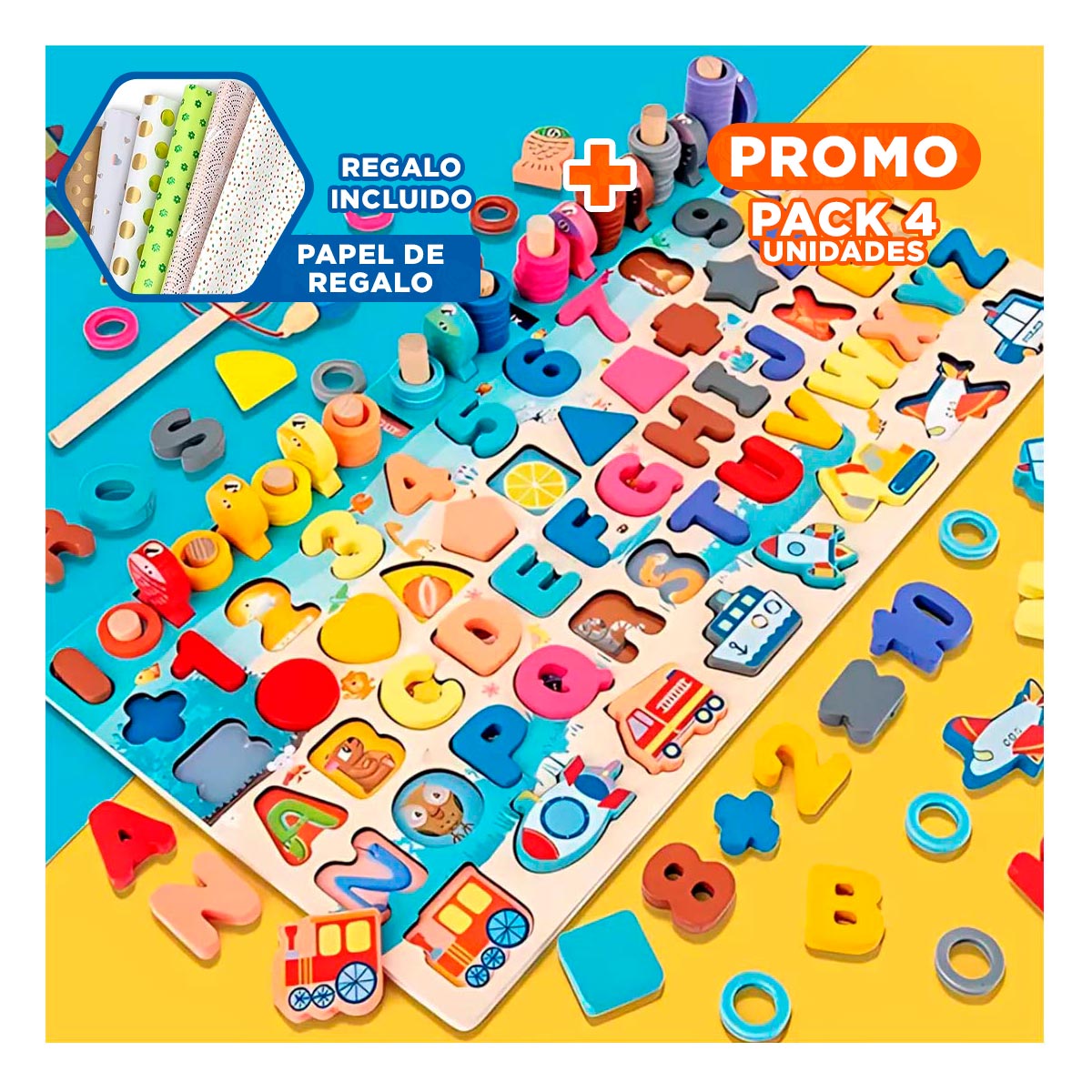 PACK4 MATERIAL EDUCATIVO INFANTIL DE PESCA CON NUMEROS Y FORMAS YPAPEL REGALO - 1