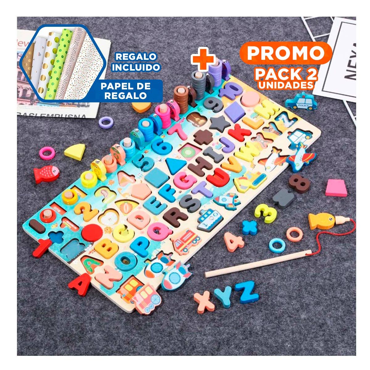 PACK2 MATERIAL DIDACTICO DE PESCA MULTICOLOR CON NUMEROS FORMAS Y ABECEDARIO YPAPEL REGALO - 1