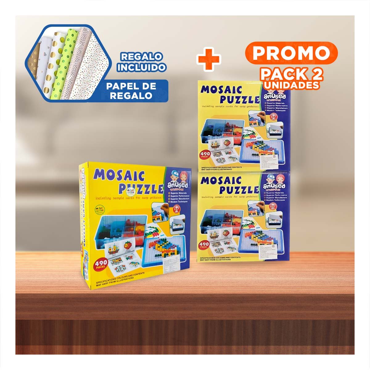 PACK2 TABLERO MOSAICO 490 PIEZAS MULTICOLOR PARA CREATIVIDAD Y JUEGOS EN FAMILIA YPAPEL REGALO - 1