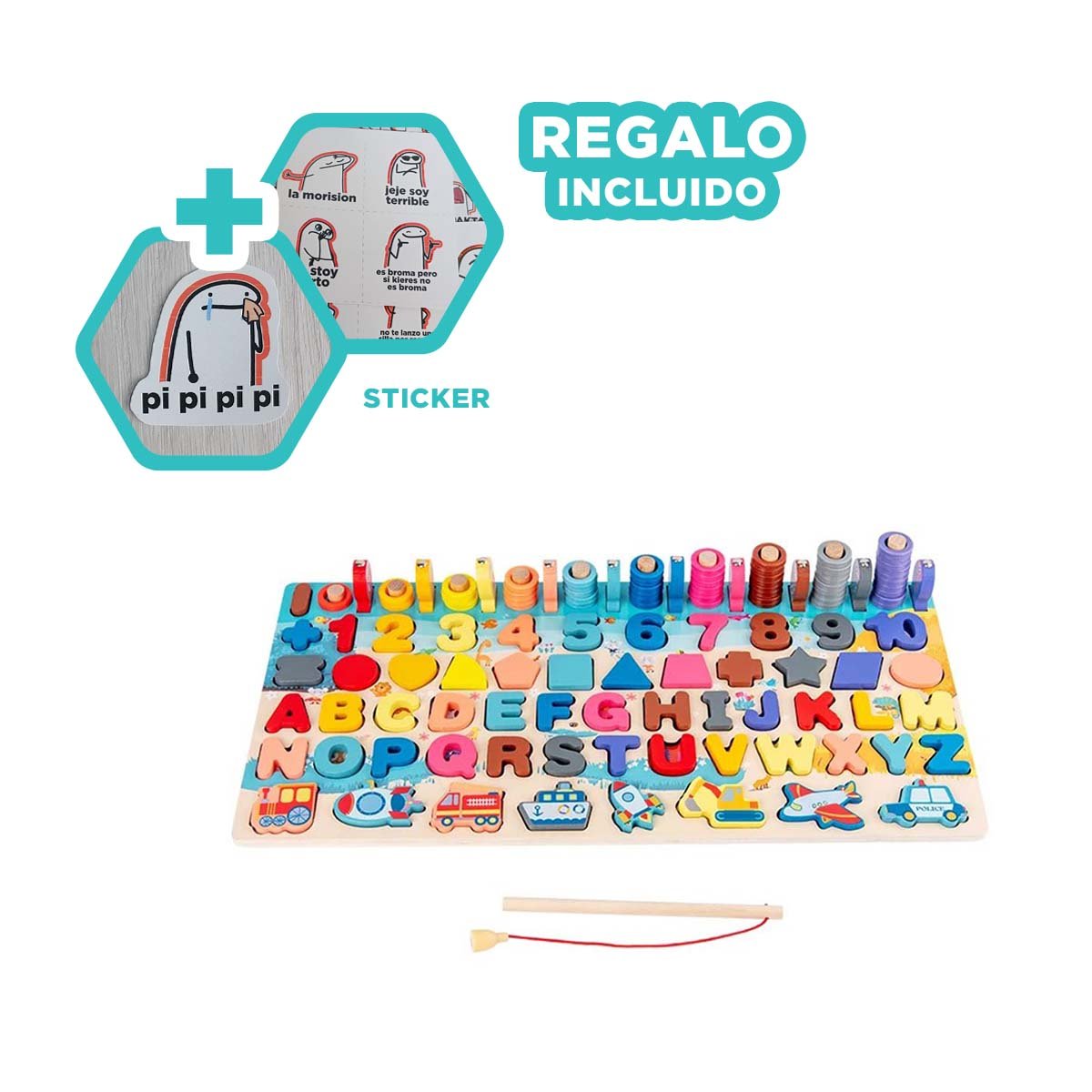 KIT EDUCATIVO DE PESCA CON PIEZAS MULTICOLOR PARA APRENDIZAJE INFANTIL YREGALO STICKER - 1