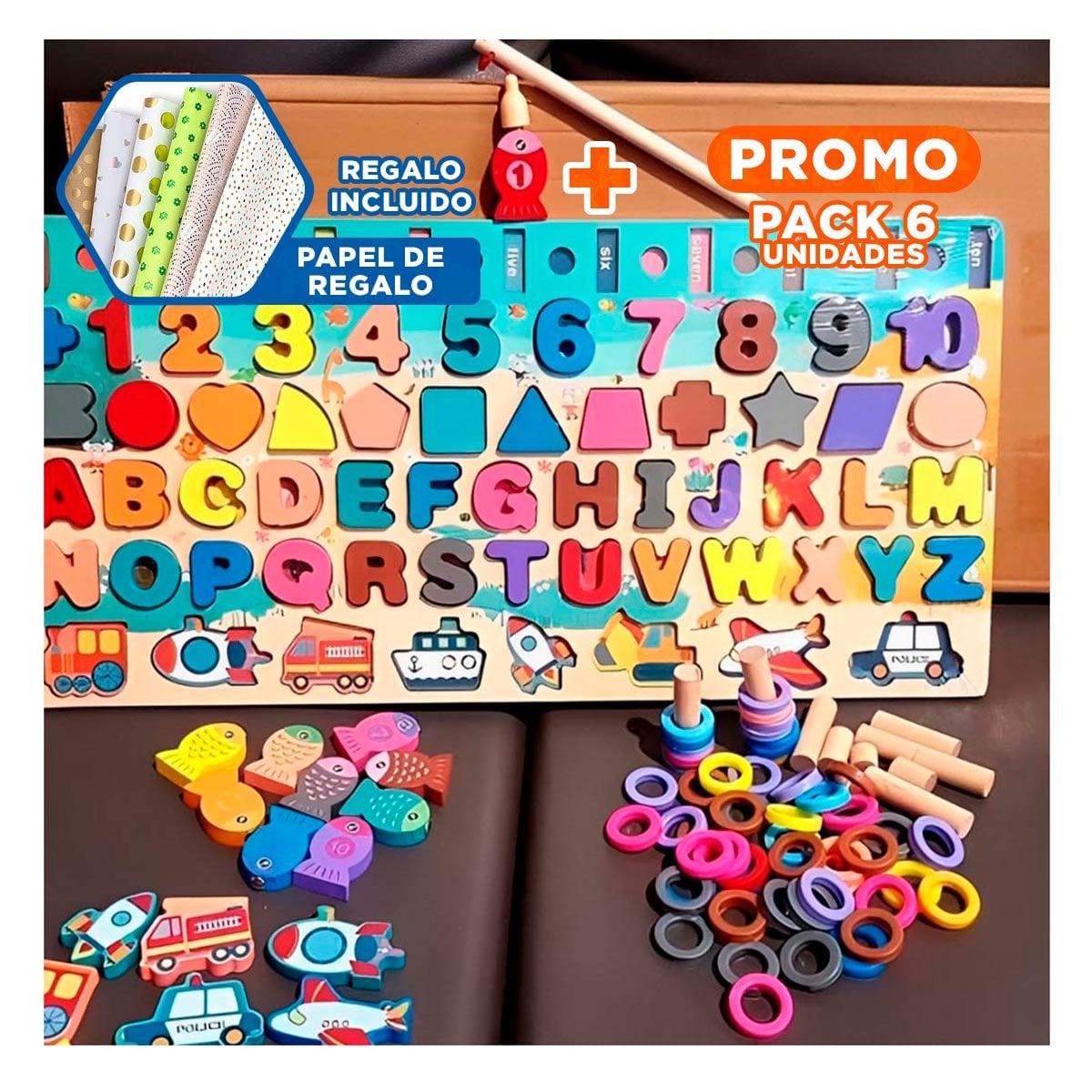 PACK6 JUGUETE EDUCATIVO DE PESCA CON PIEZAS MULTICOLOR PARA NINOS YPAPEL REGALO - 1