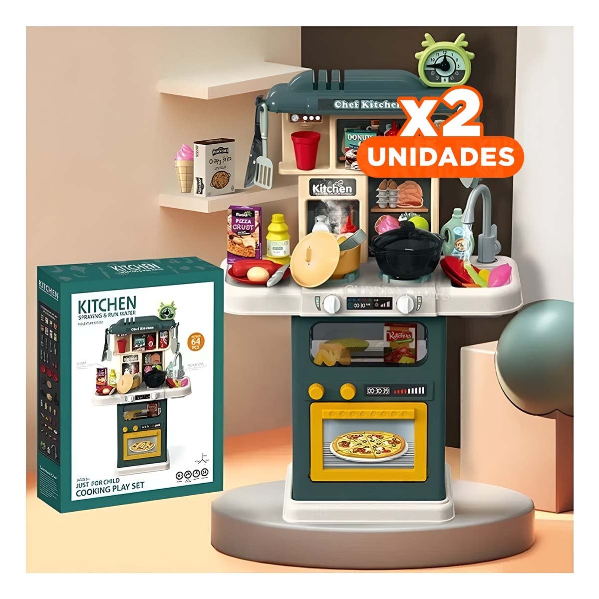 PACK2 ESPACIO DE JUEGO DE COCINA 64 PZS VERDE PARA NINOS CREATIVOS YREGALO STICKER - 1