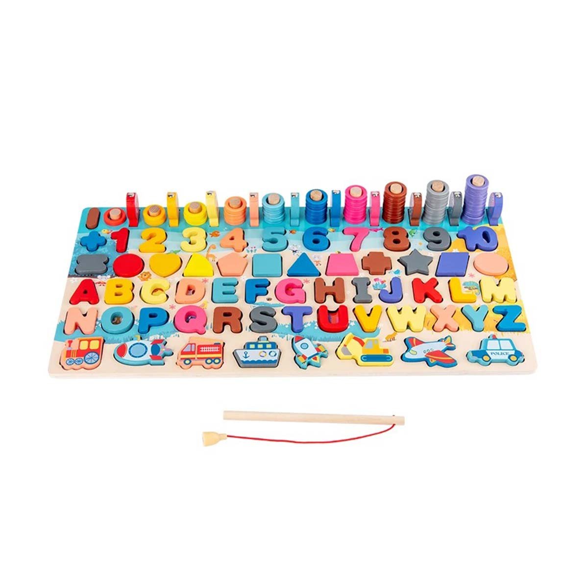 KIT DIDACTICO DE PESCA MULTICOLOR CON NUMEROS FORMAS Y ABECEDARIO YPAPEL REGALO - 1