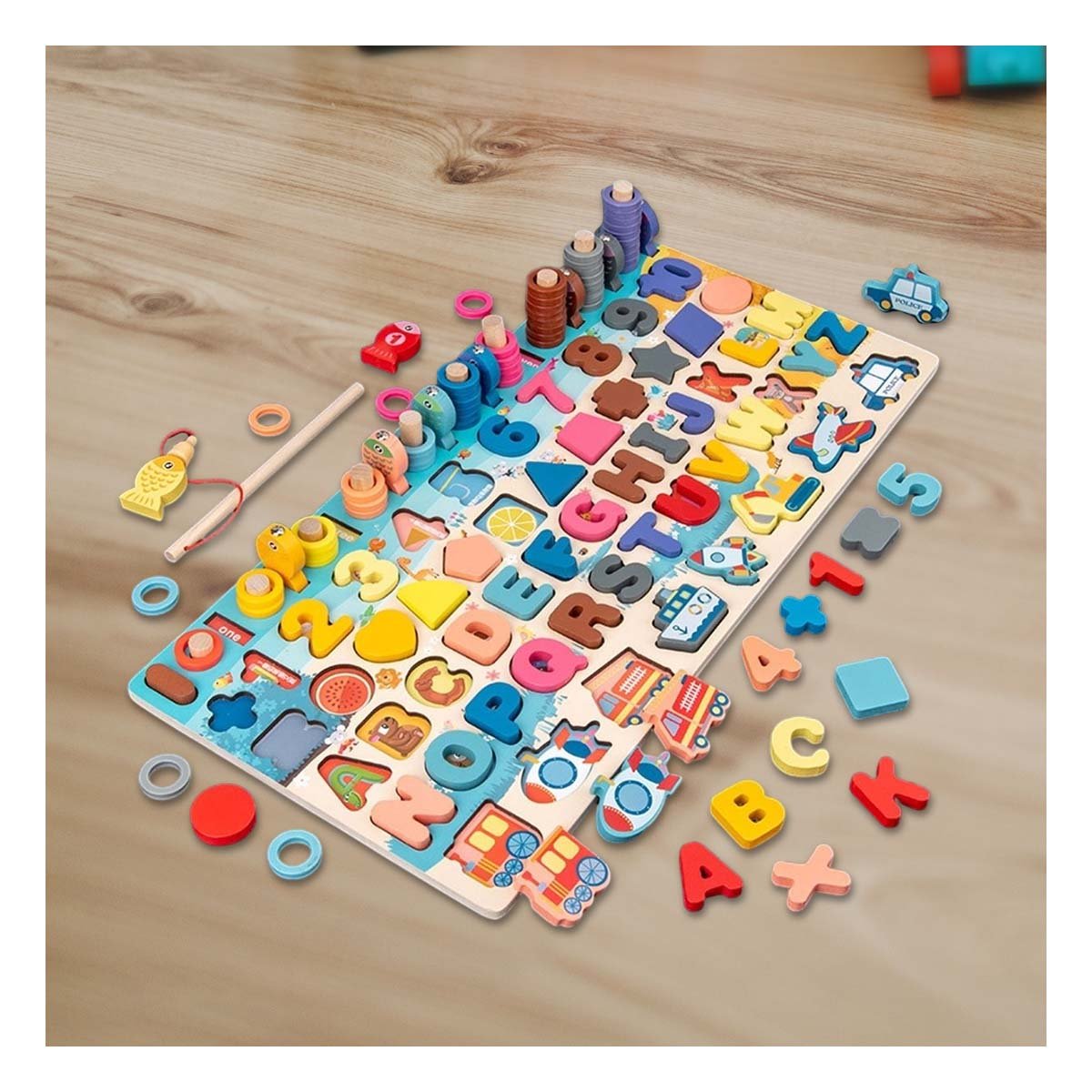 KIT DIDACTICO DE PESCA MULTICOLOR CON NUMEROS FORMAS Y ABECEDARIO YPAPEL REGALO - 3