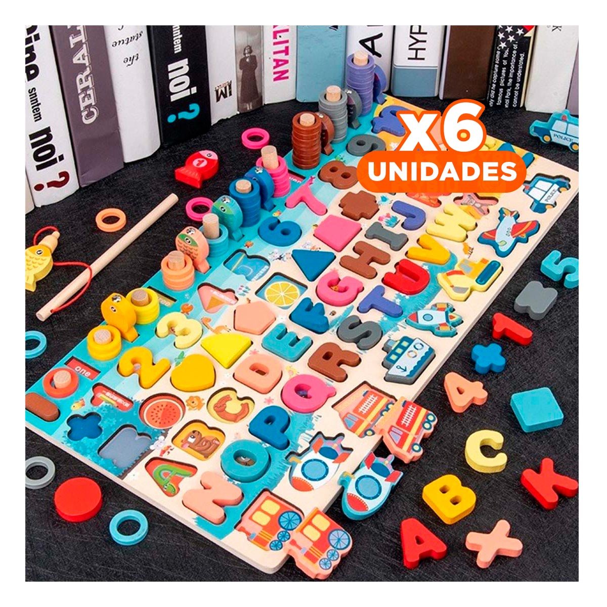 PACK6 JUGUETE DIDACTICO MULTICOLOR CON ACTIVIDADES DE PESCA Y TRANSPORTE YREGALO STICKER - 1