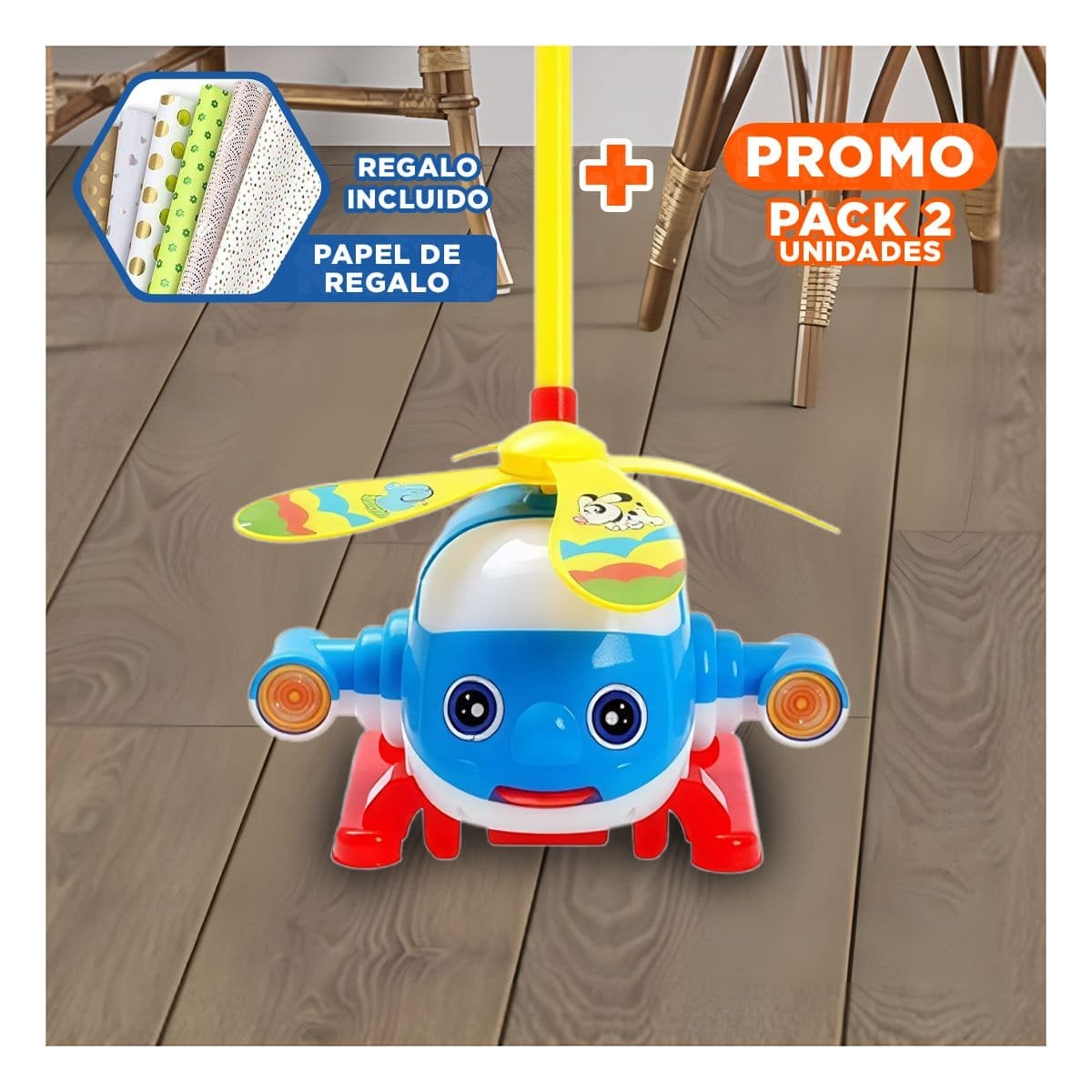 PACK2 AVION AZUL JALADOR GIRATORIO PARA NINOS CON MOVIMIENTO SUAVE YPAPEL REGALO - 1
