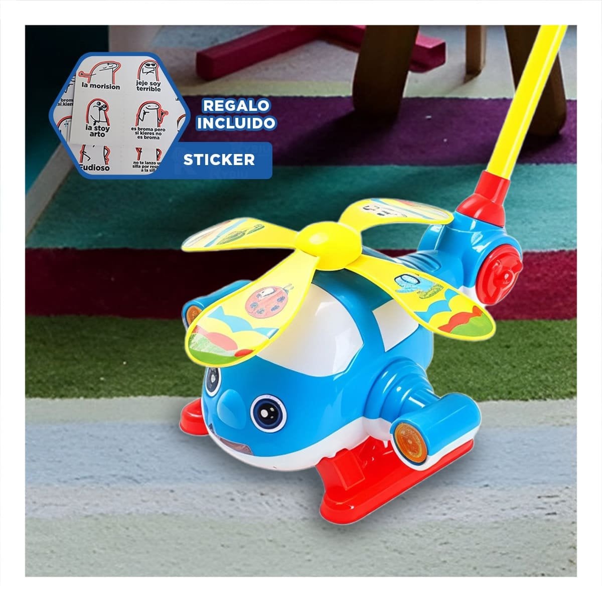 VEHICULO JALADOR AZUL GIRATORIO PARA NINOS CON MOVIMIENTO FLUIDO YREGALO STICKER - 1