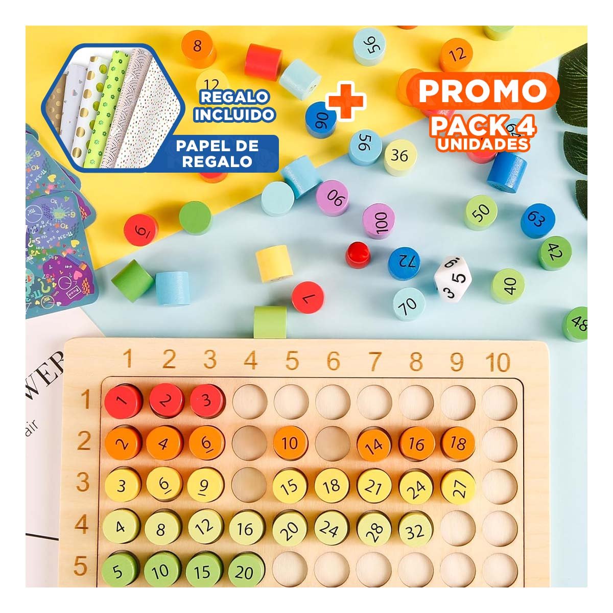 PACK4 PANEL DIDACTICO DE MULTIPLICACION MULTICOLOR PARA NINOS EN CASA YPAPEL REGALO - 1