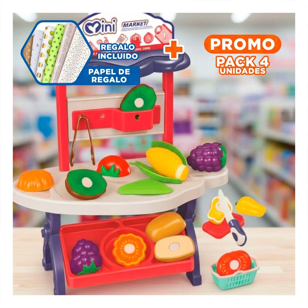 PACK4 CHICA TIENDA DE FRUTAS Y VERDURAS 30PZS ROSADO JUGUETE DIDACTICO YPAPEL REGALO - 1