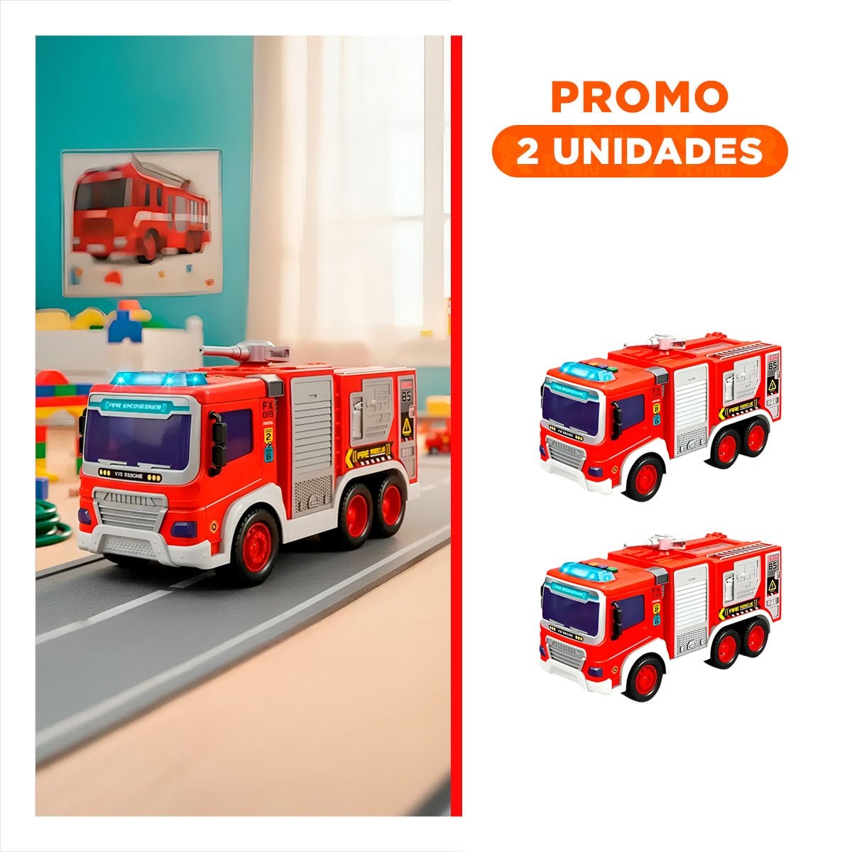 PACK2 AUTO ROJO DE BOMBEROS INFANTIL 30X11,5X13,5CM PARA CASA - 1