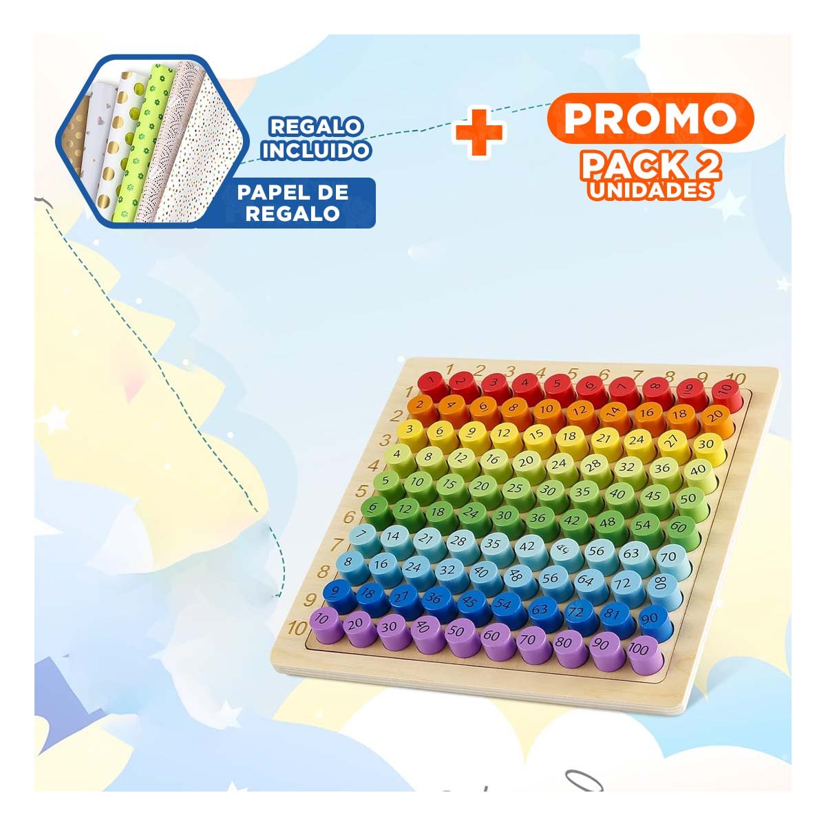 PACK2 PANEL DE MULTIPLICACION DIDACTICO MULTICOLOR PARA NINOS EDUCACION TEMPRANA YPAPEL REGALO - 1