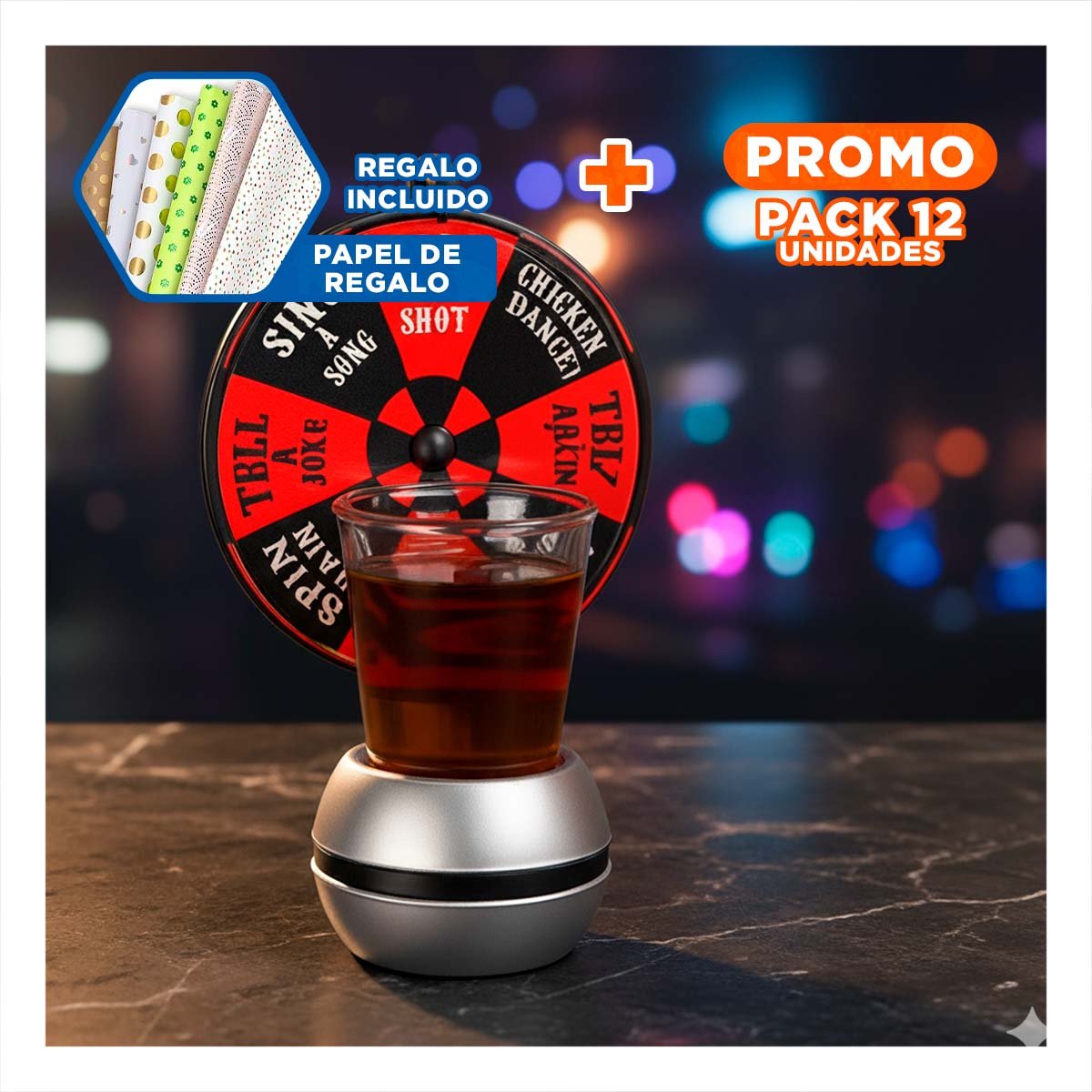 PACK12 ACCESORIO DE SHOTS MINI CON RULETA GIRATORIA PARA BEBIDAS YPAPEL REGALO - 1