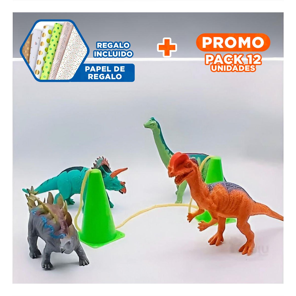 PACK12 SET DE DINOSAURIOS CON ACCESORIOS PARA JUEGOS CREATIVOS Y DIVERTIDOS YPAPEL REGALO - 1