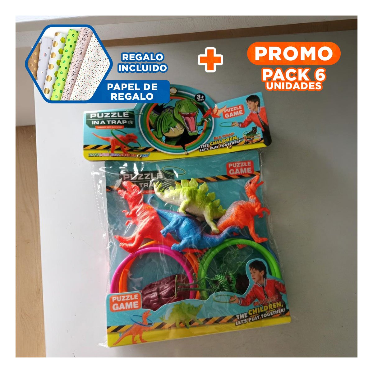PACK6 COMBO RECREATIVO DE DINOSAURIOS CON ACCESORIOS PARA DIVERSION FAMILIAR YPAPEL REGALO - 1