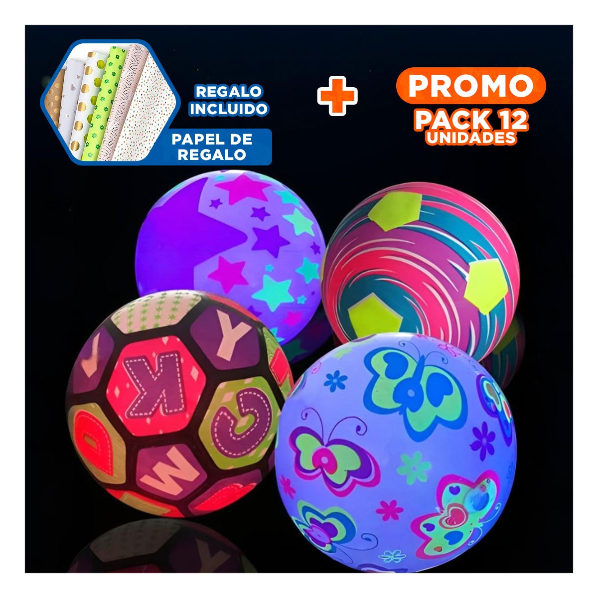 PACK12 ESFERA LED MULTICOLOR PARA INFANTES CON BRILLO PARA JUEGO DIARIO YPAPEL REGALO - 1