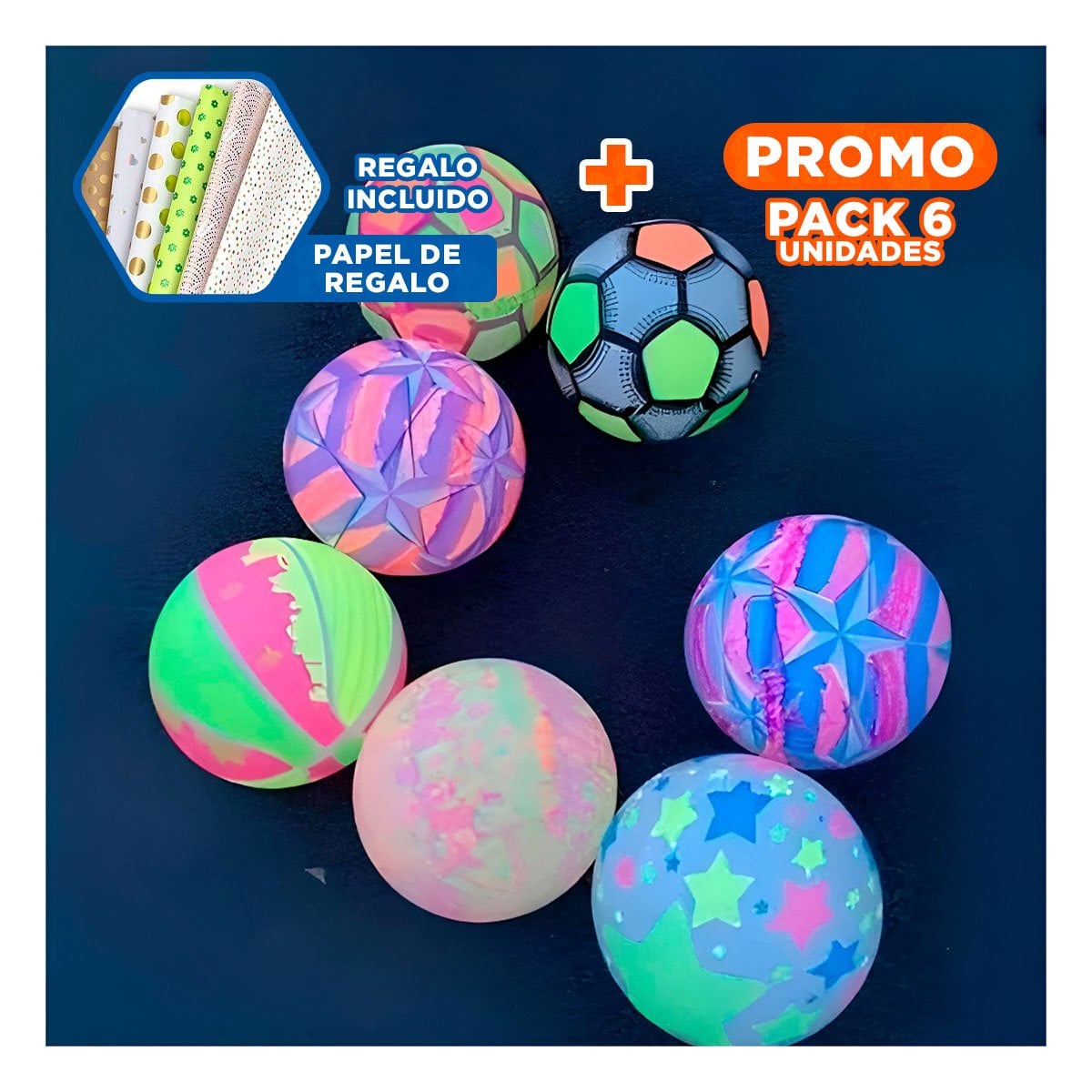 PACK6 PELOTA LUMINOSA MULTICOLOR PARA INFANTES CON EFECTO VISUAL YPAPEL REGALO - 1