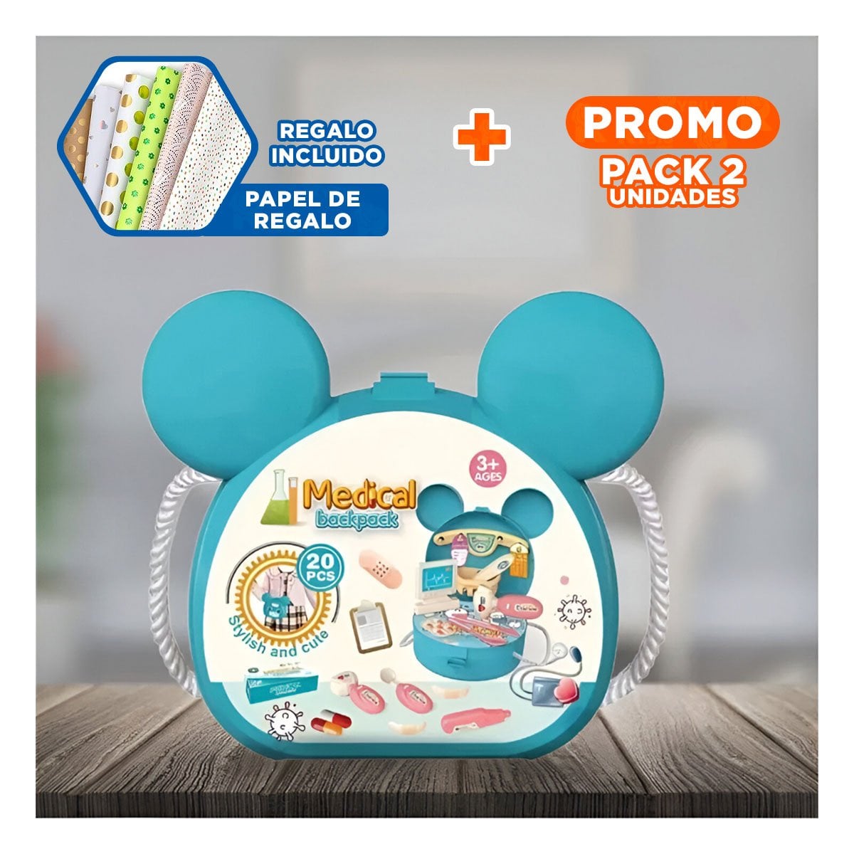 PACK2 EQUIPO DE SIMULACION MEDICA INFANTIL CON OREJITAS YPAPEL REGALO - 1