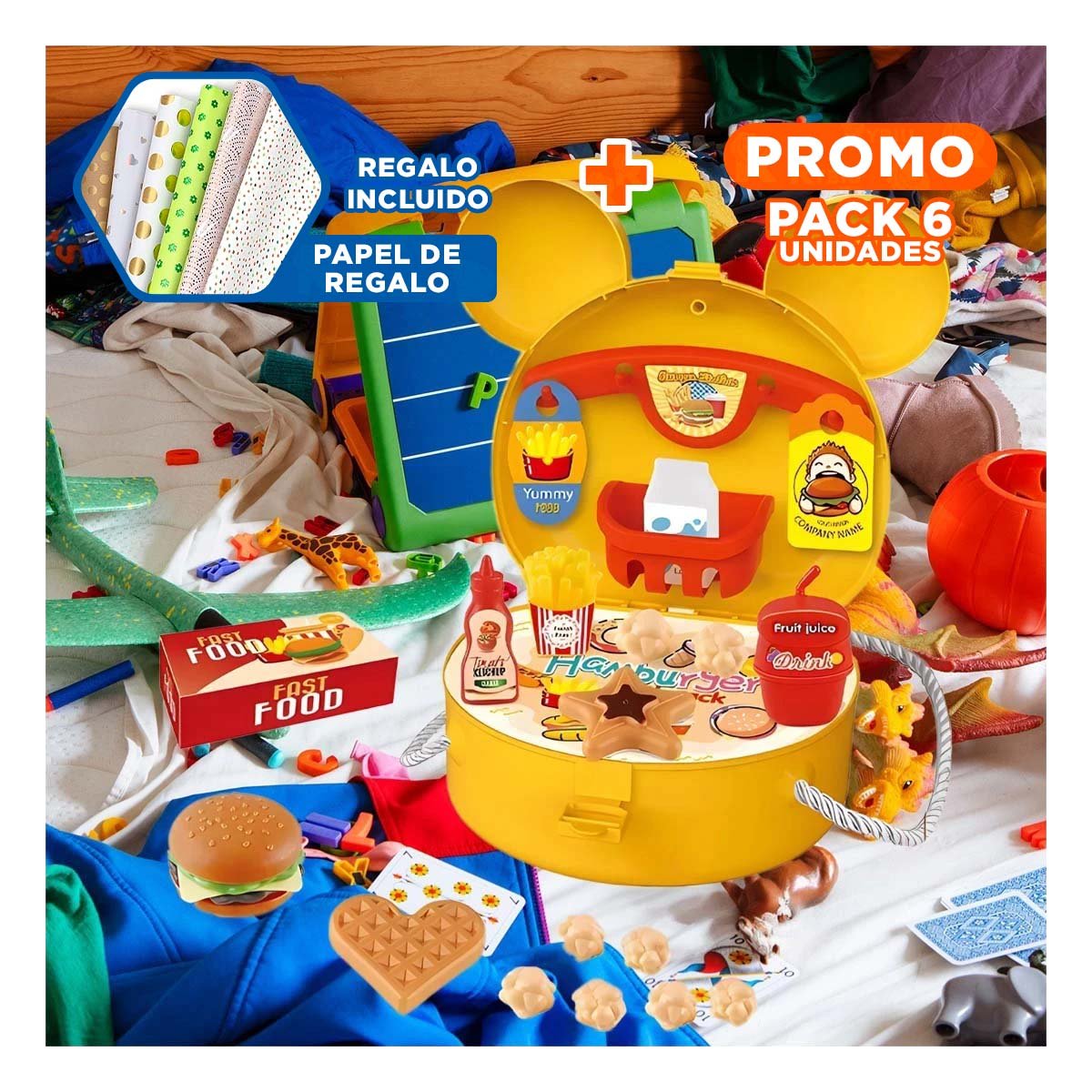 PACK6 SET DE JUEGO INFANTIL DE COCINA PARA HAMBURGUESAS YPAPEL REGALO - 1