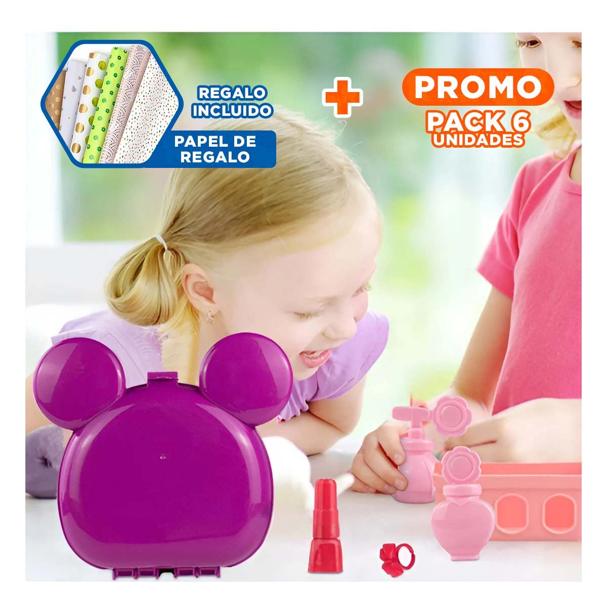 PACK6 SET DE JUEGO INFANTIL DE MAQUILLAJE CON OREJITAS YPAPEL REGALO - 1