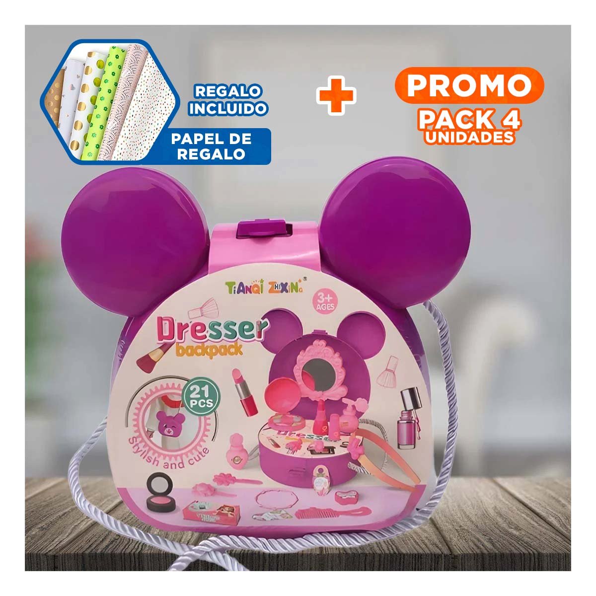 PACK4 JUEGO DE ROL DE MAQUILLAJE INFANTIL CON OREJITAS YPAPEL REGALO - 1