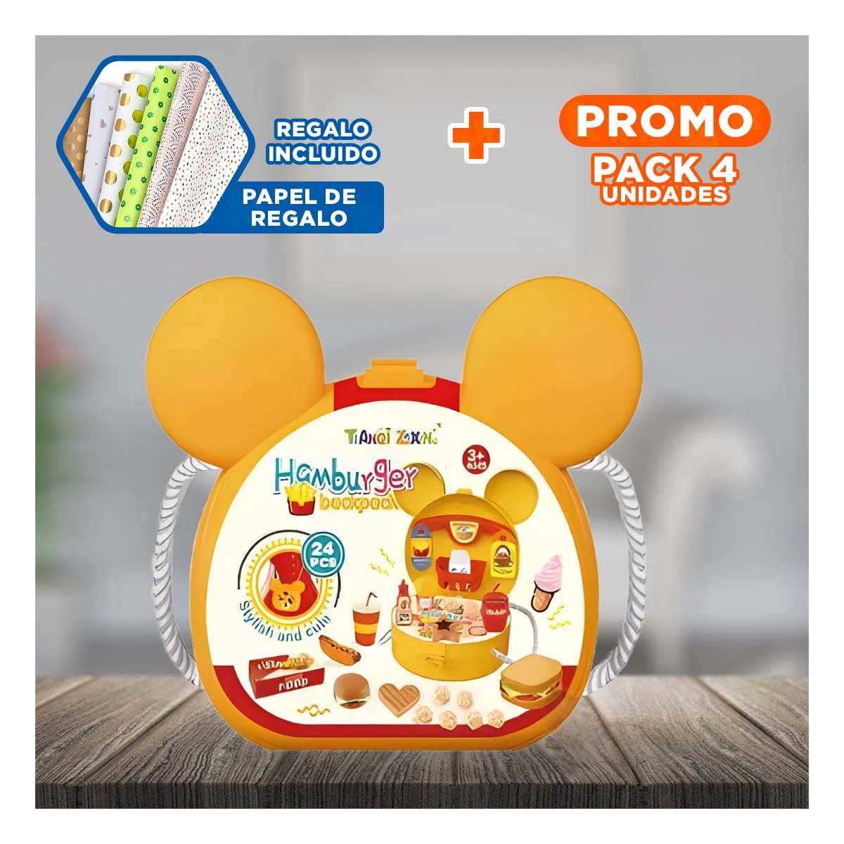 PACK4 JUEGO DE ROL DE COCINA INFANTIL CON OREJITAS YPAPEL REGALO - 1