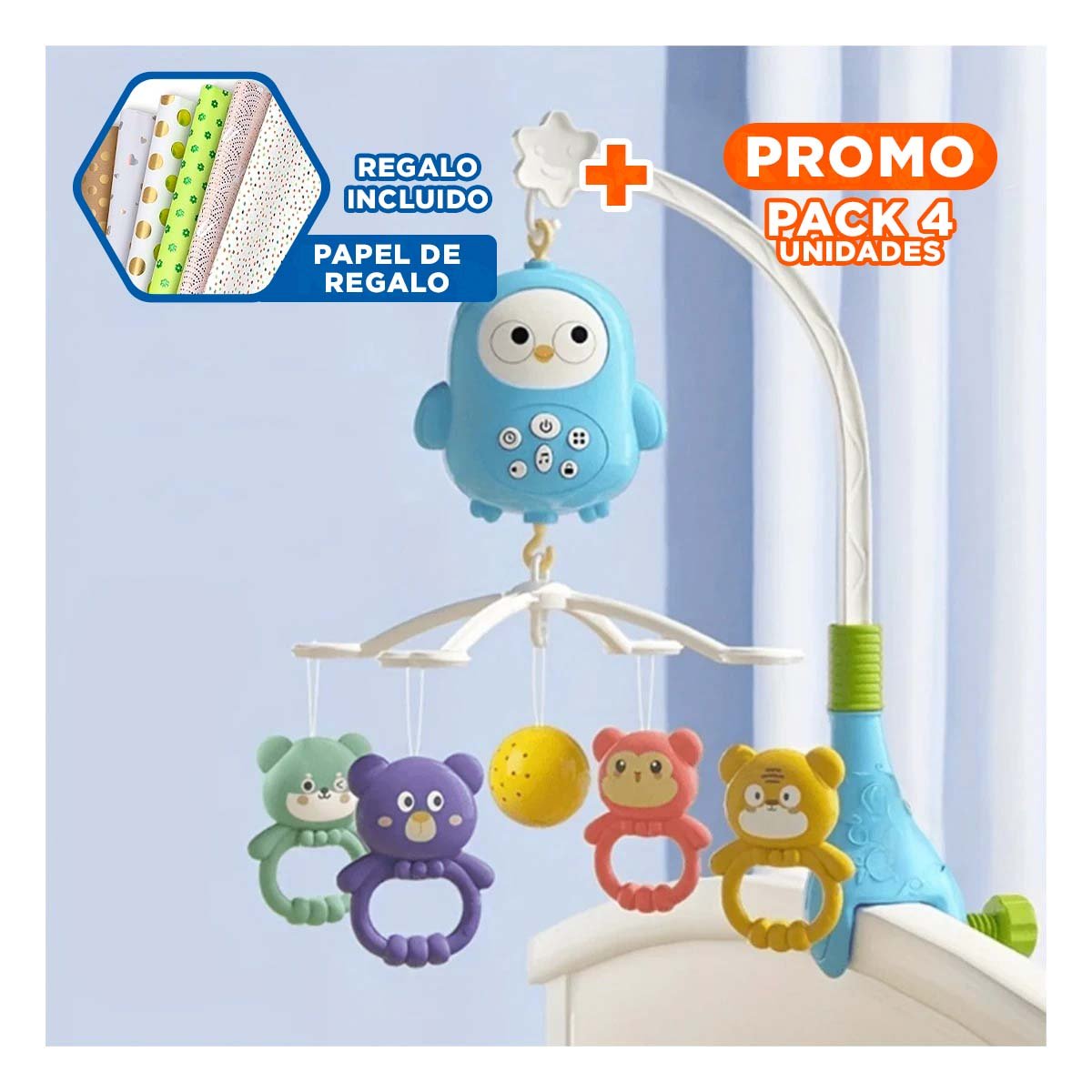 PACK4 ESTRUCTURA DE PASEO CON JUGUETES COLGANTES PARA COCHECITO YPAPEL REGALO - 1
