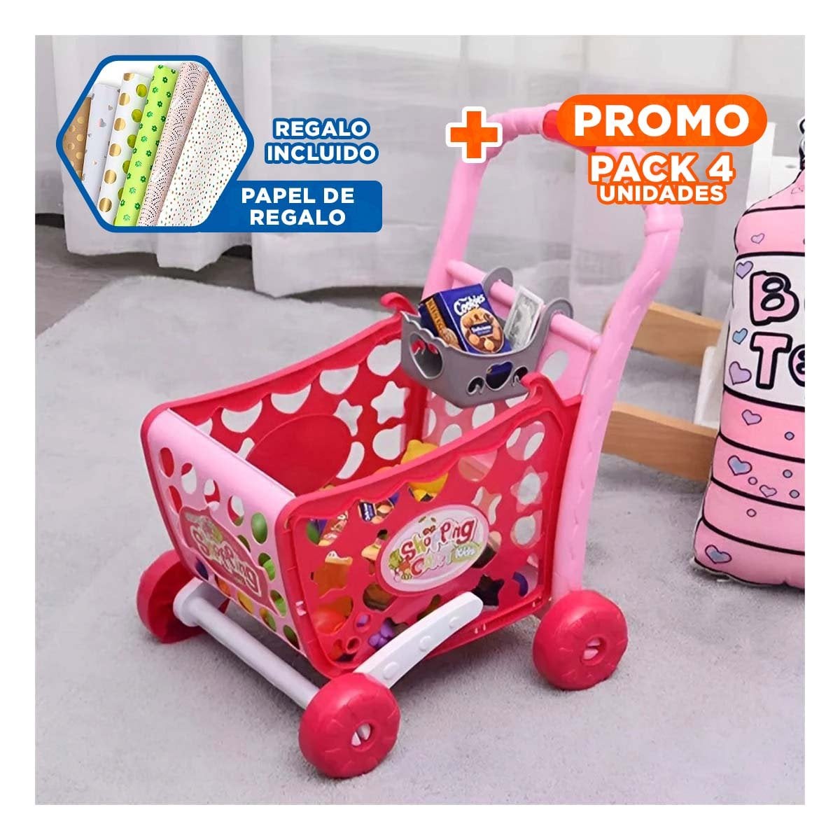 PACK4 EQUIPO INFANTIL DE COMPRAS 3 EN 1 CON LUCES Y SONIDO Y ACCESORIOS YPAPEL REGALO - 1