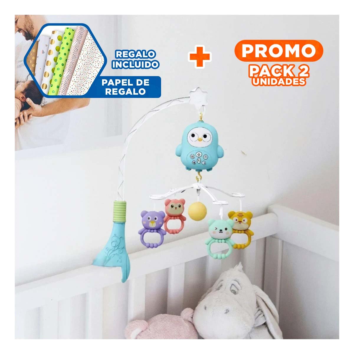 PACK2 ARCO DE PASEO CON JUGUETES COLGANTES PARA COCHECITO DE BEBE YPAPEL REGALO - 1
