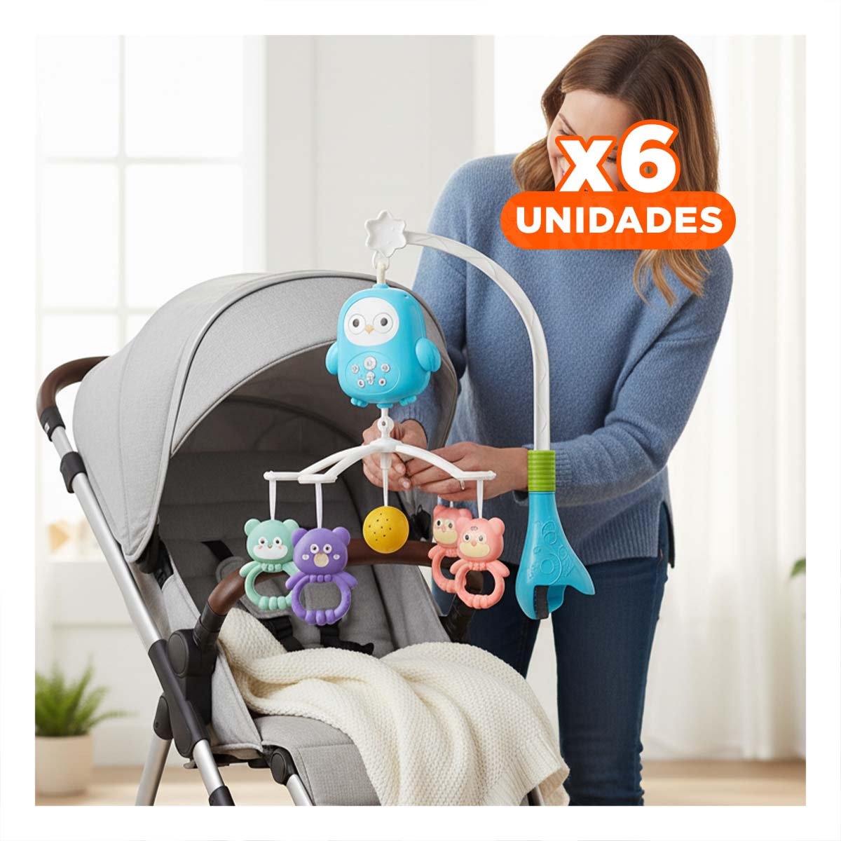 PACK6 SOPORTE DE ESTIMULO PARA COCHECITO CON JUGUETES COLGANTES YREGALO STICKER - 1