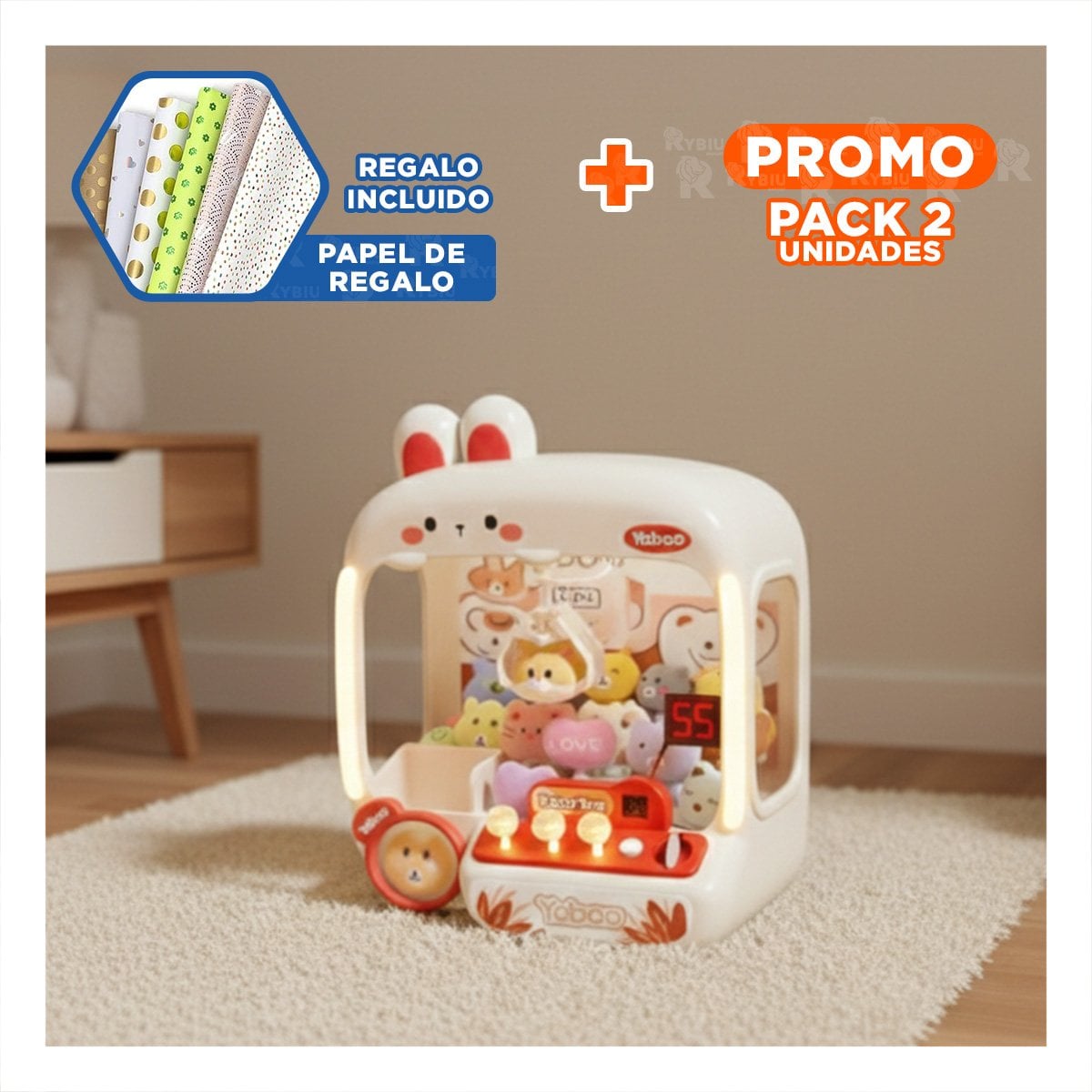 PACK2 MODULO DE JUEGO DE GARRA CON FIGURA DE CONEJO PARA DIVERSION FAMILIAR YPAPEL REGALO - 1