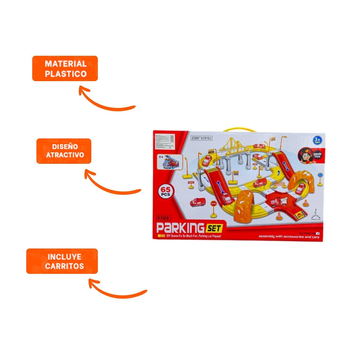 PACK6 JUEGO DE ESTACIONAMIENTO CARRITOS EMERGENCIA 46X52CM ROJO AMARILLO YREGALO STICKER - 2