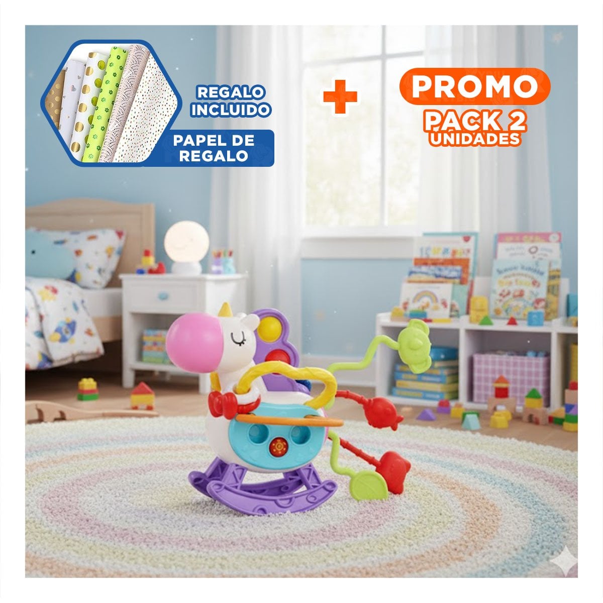 PACK2 ENTRETENIDO SENSORIAL PARA BEBE UNICORNIO CON CUERDAS POP LILA Y BLANCO YPAPEL REGALO - 1