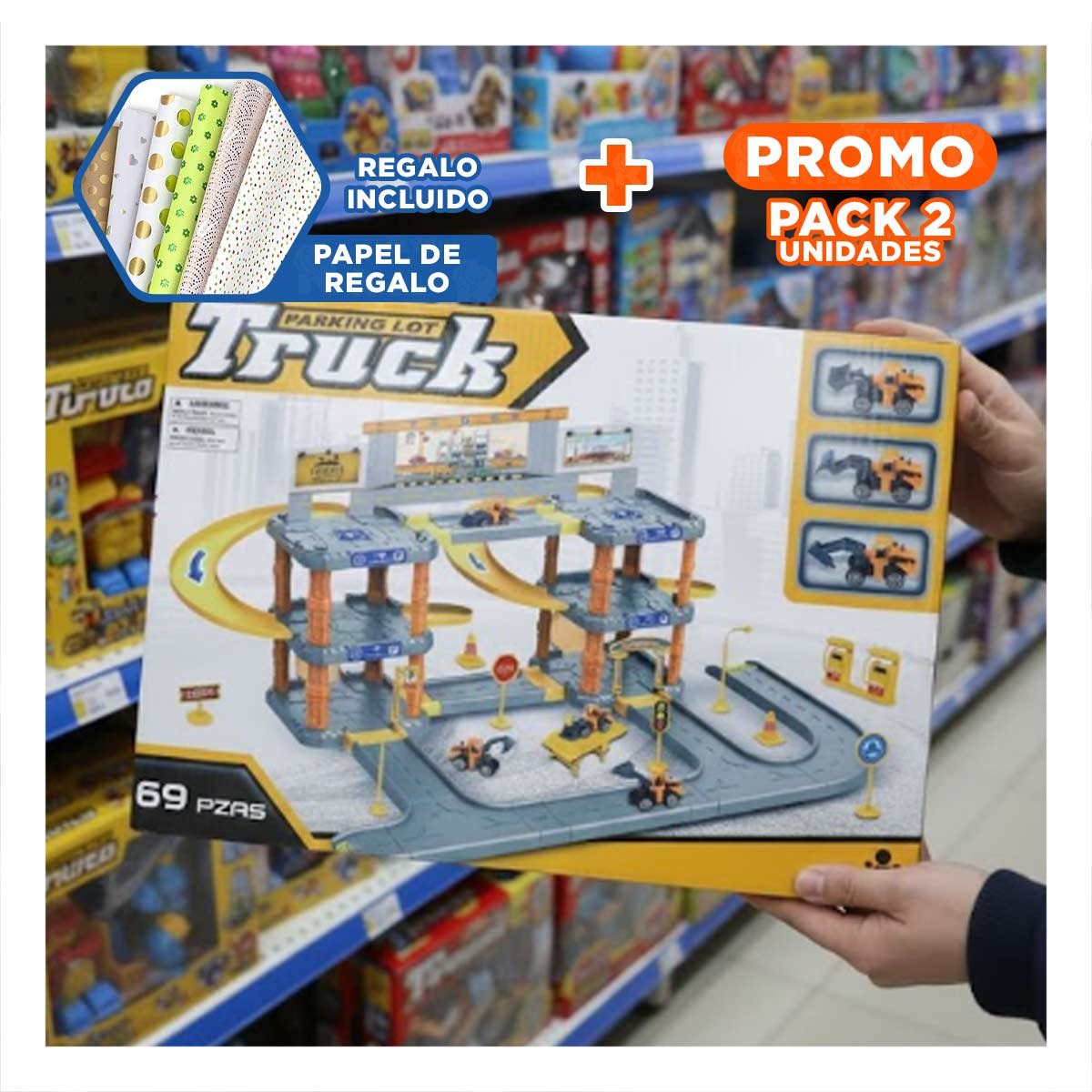 PACK2 ZONA DE ESTACIONAMIENTO INFANTIL PARA JUEGO CON CARRITOS DE CONSTRUCCION YPAPEL REGALO - 1