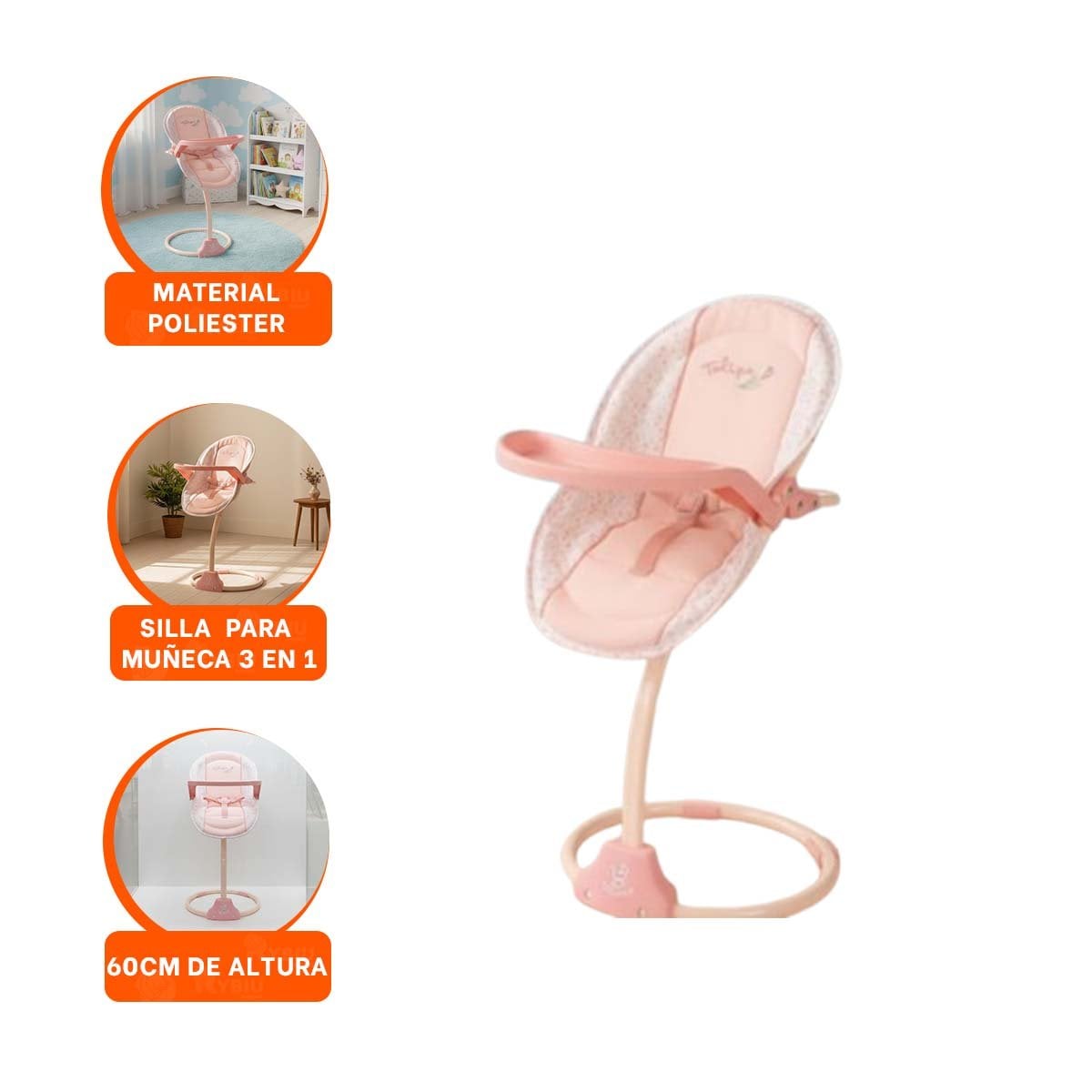 BUTACA COLUMPIO PARA MUÑECA 3 EN 1 TULIPE ROSADO 30X31X60CM DE JUEGO SEGURO - 3