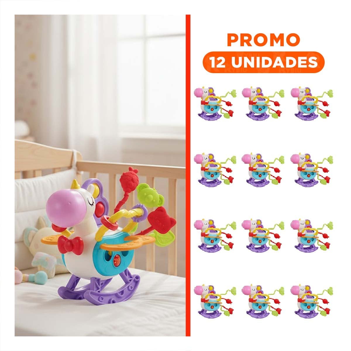 PACK12 OBEJETOSENSORIAL UNICORNIO PARA BEBE CON CUERDAS Y POP LILA Y BLANCO YREGALO STICKER - 1