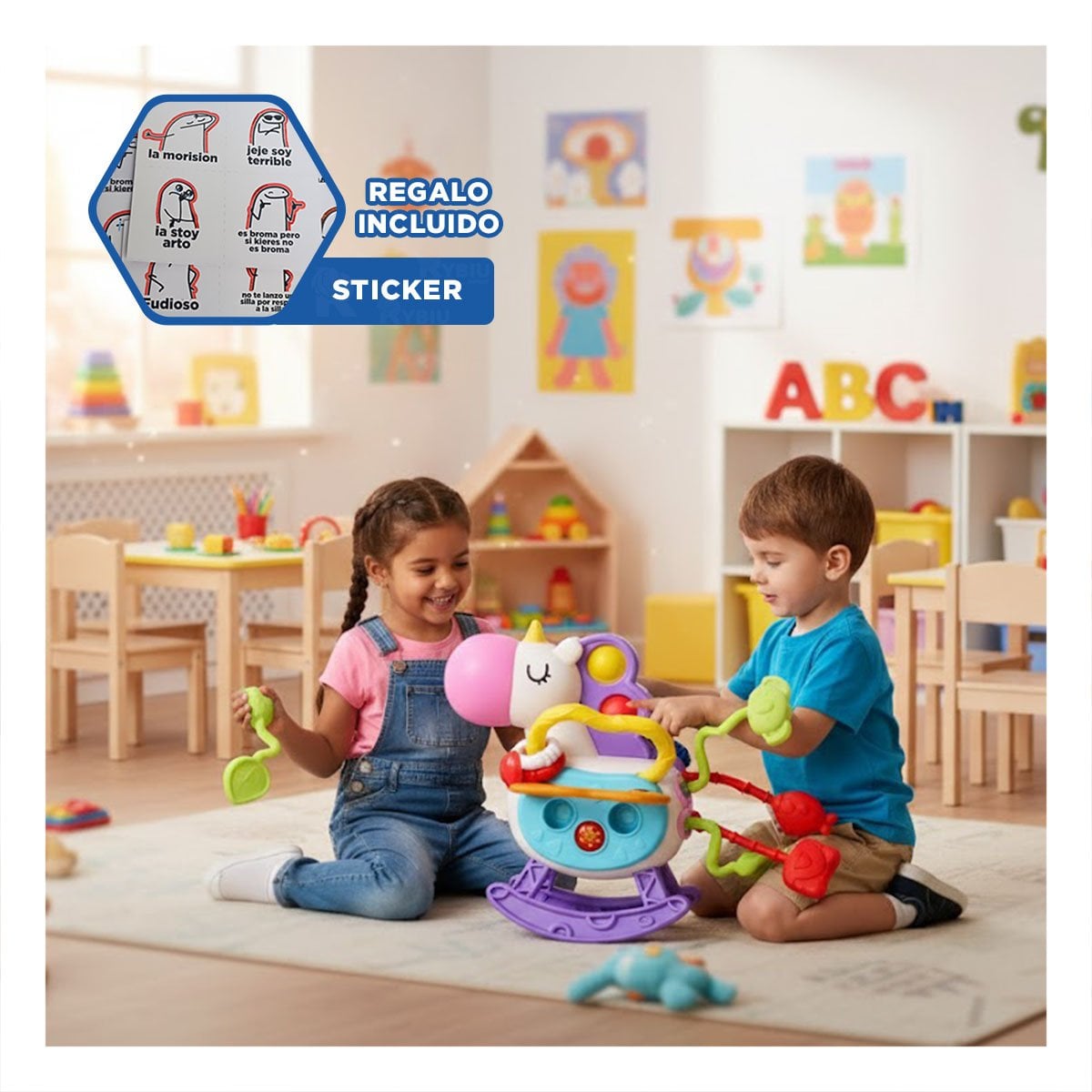 ESTIMULO VISUAL SENSORIAL UNICORNIO PARA BEBE CON CUERDAS Y POP LILA YREGALO STICKER - 1