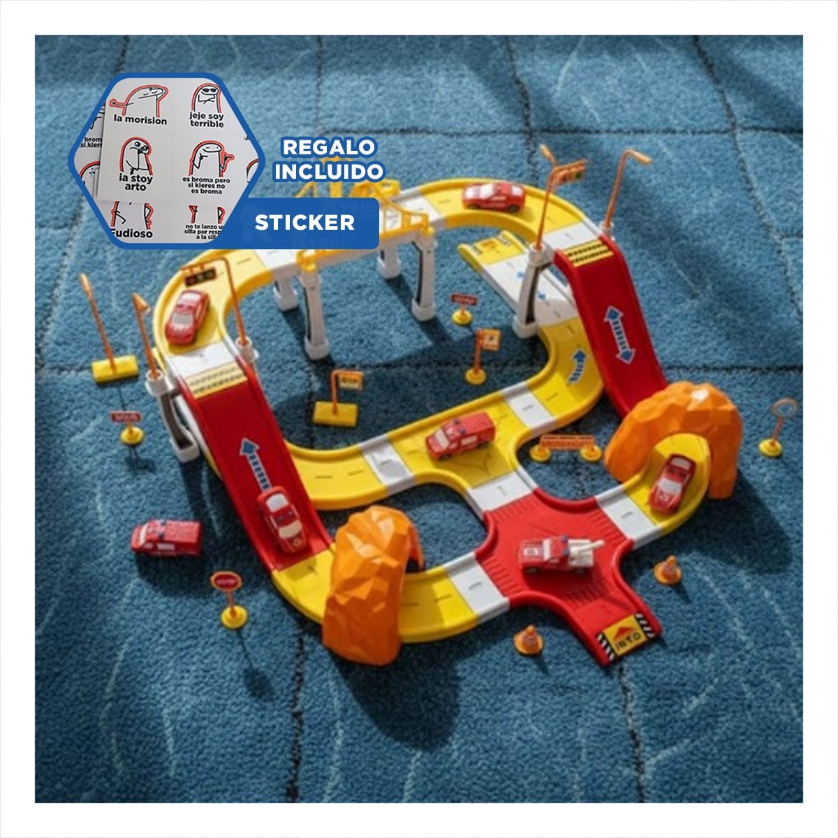 PARQUE DE ESTACIONAMIENTO PARA JUEGO CARRITOS EMERGENCIA 46X52CM ROJO AMARILLO YREGALO STICKER - 1