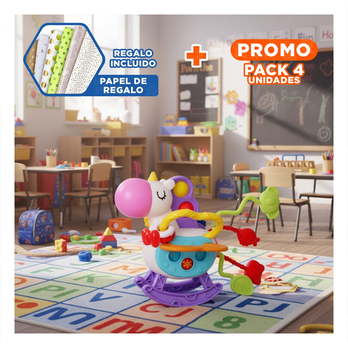 PACK4 SUAVE SENSORIAL UNICORNIO PARA BEBE CON CUERDAS Y POP LILA Y BLANCO YPAPEL REGALO - 1