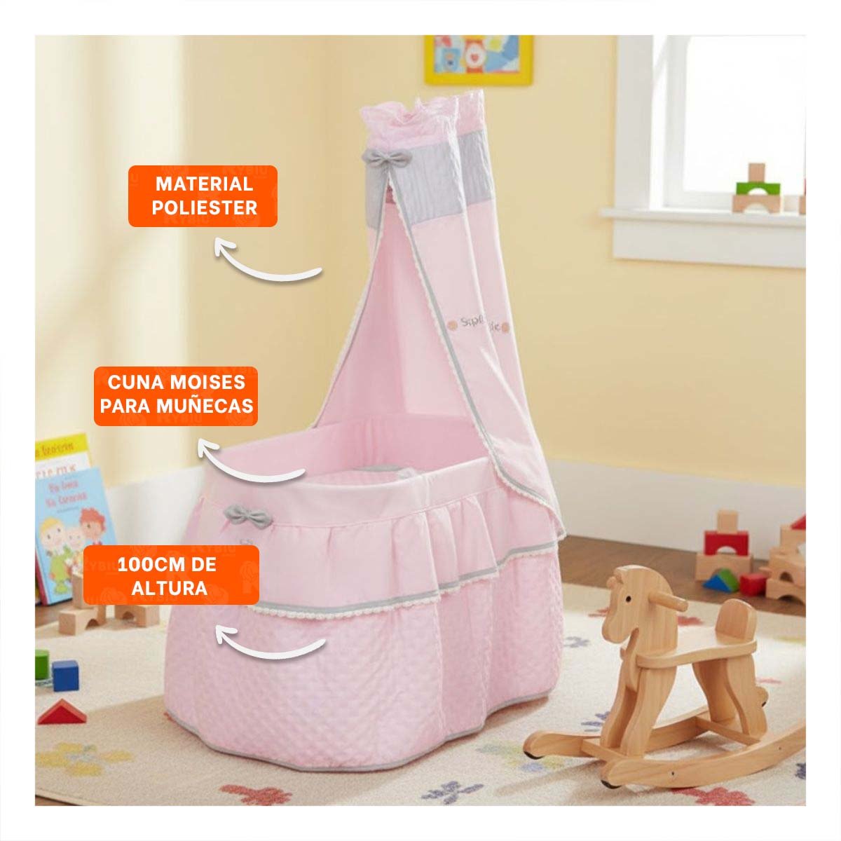 PACK2 SOPORTE DE CAMA PARA MUÑECAS ROSADO 37X60X100CM CON FORMA MOISES - 5