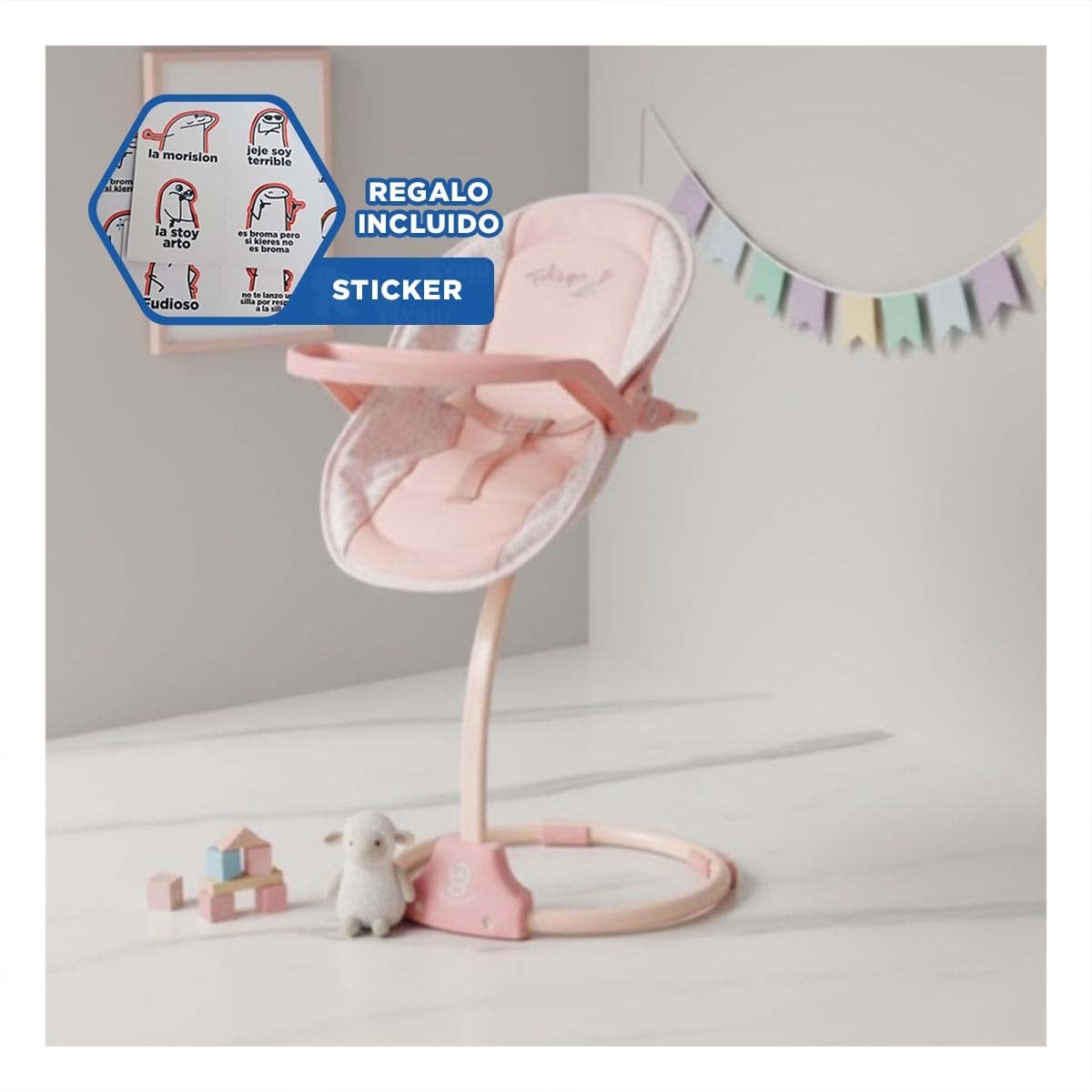 BUTACA BALANCE COLUMPIO PARA MUÑECA 3 EN 1 TULIPE ROSADO 30X31X60CM DURADERA YREGALO STICKER - 1