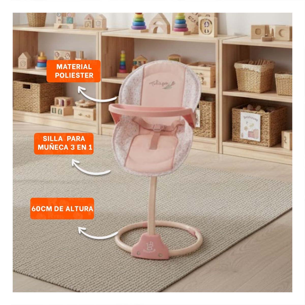BUTACA BALANCE COLUMPIO PARA MUÑECA 3 EN 1 TULIPE ROSADO 30X31X60CM DURADERA YREGALO STICKER - 5