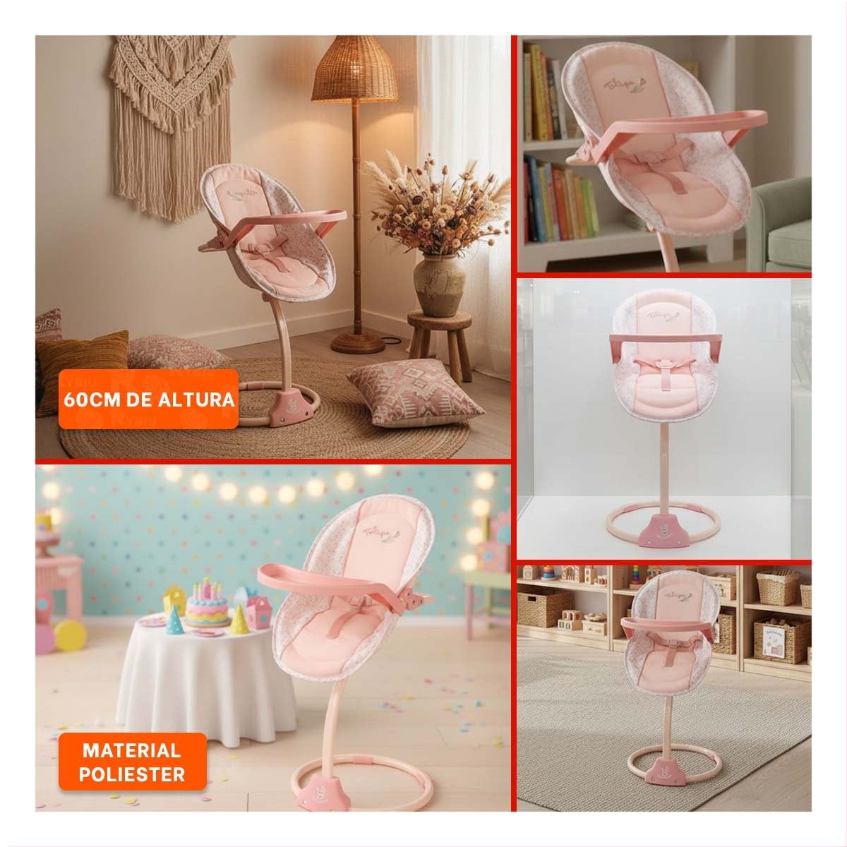 BUTACA COMPACTA COLUMPIO PARA MUÑECA 3 EN 1 TULIPE ROSADO 30X31X60CM ESTABLE YSTICKY - 5