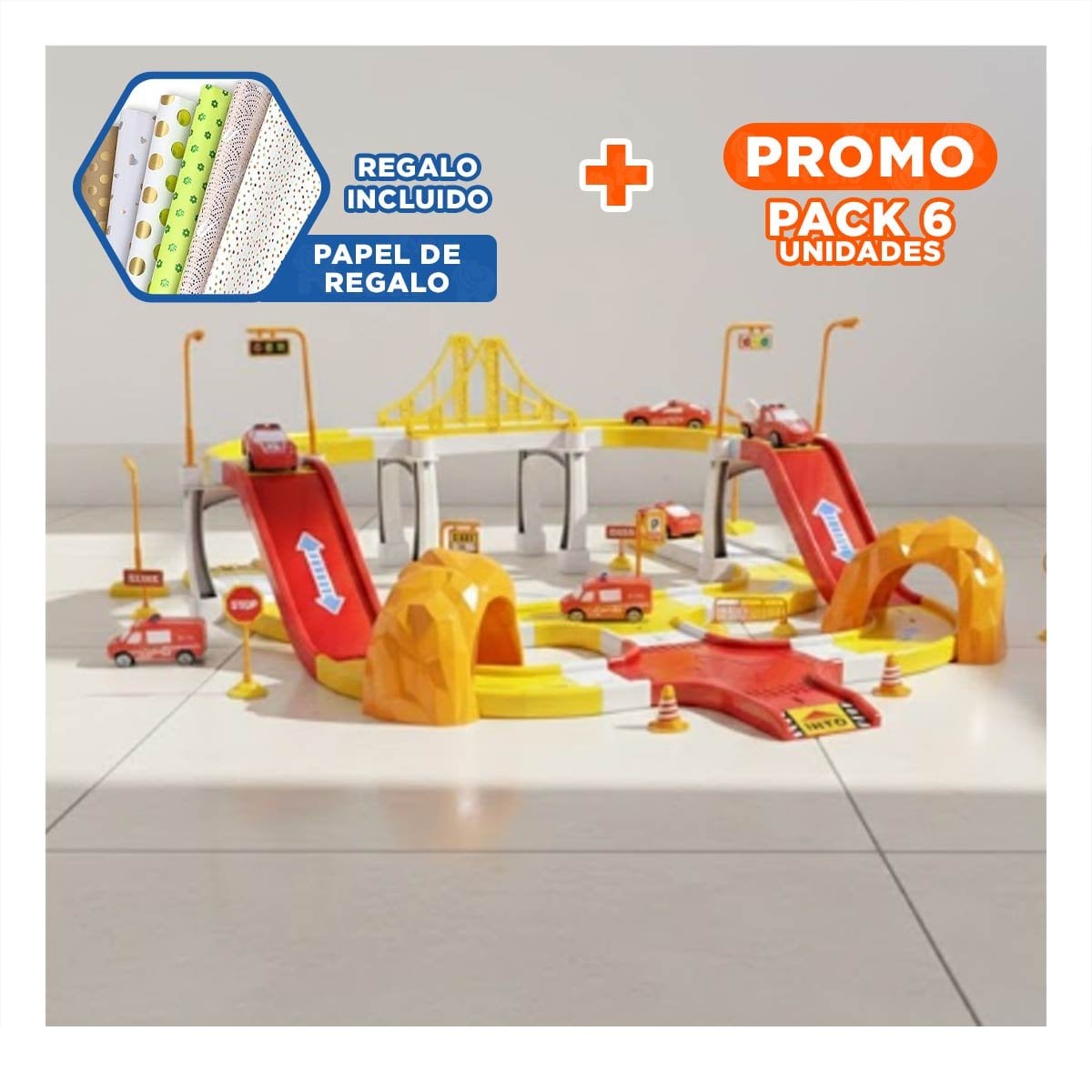 PACK6 JUEGO DE ESTACIONAMIENTO CARRITOS EMERGENCIA 46X52CM ROJO AMARILLO YPAPEL REGALO - 1