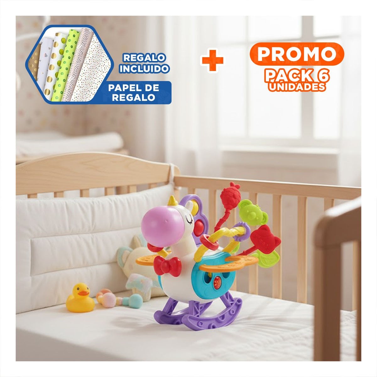 PACK6 EDUCATIVO SENSORIAL PARA BEBE UNICORNIO CON CUERDAS POP LILA Y BLANCO YPAPEL REGALO - 1