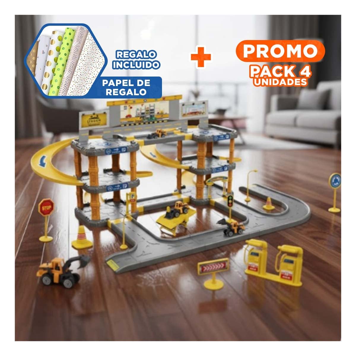 PACK4 ZONA DIDACTICA DE CONSTRUCCION CON ESTACIONAMIENTO PARA NINOS YPAPEL REGALO - 1