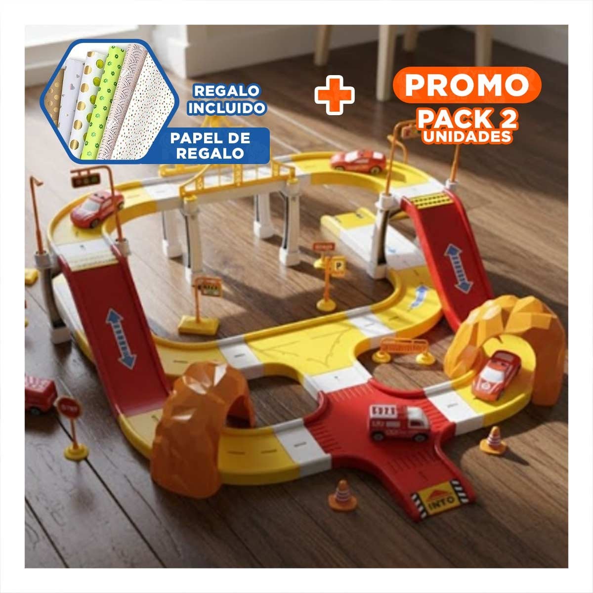 PACK2 SET DE ESTACIONAMIENTO INFANTIL CARRITOS EMERGENCIA 46X52CM ROJO AMARILLO YPAPEL REGALO - 1