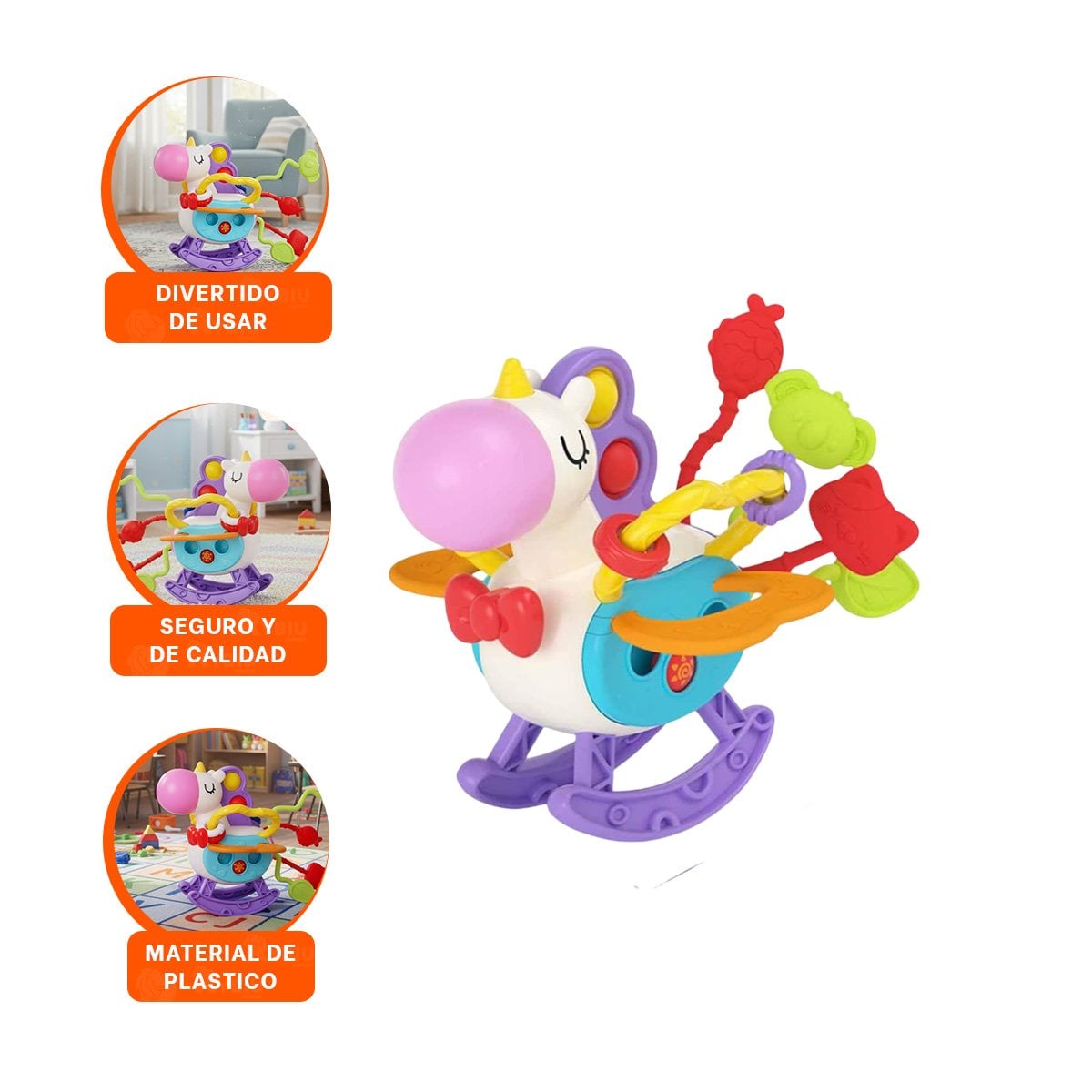 ESTIMULO SENSORIAL UNICORNIO PARA BEBE CON CUERDAS POP LILA Y BLANCO SUAVE - 3