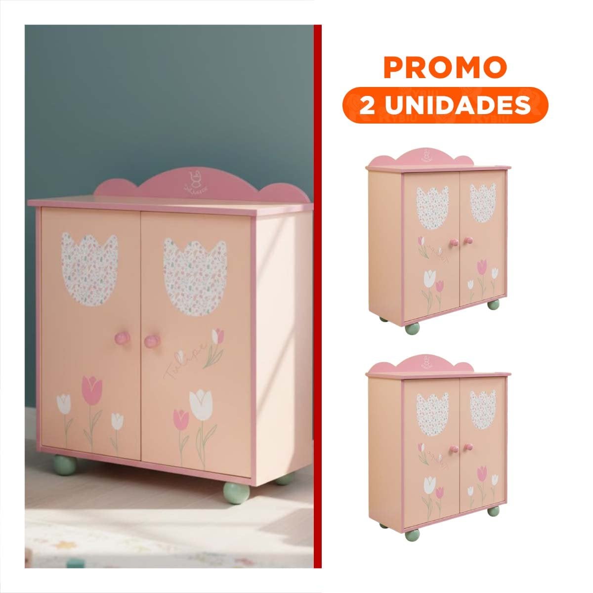 PACK2 ORGANIZADOR DE ROPA PARA MUNECA 49X42X16CM CON DISENO TULIPANES MELON Y ROSADO - 1
