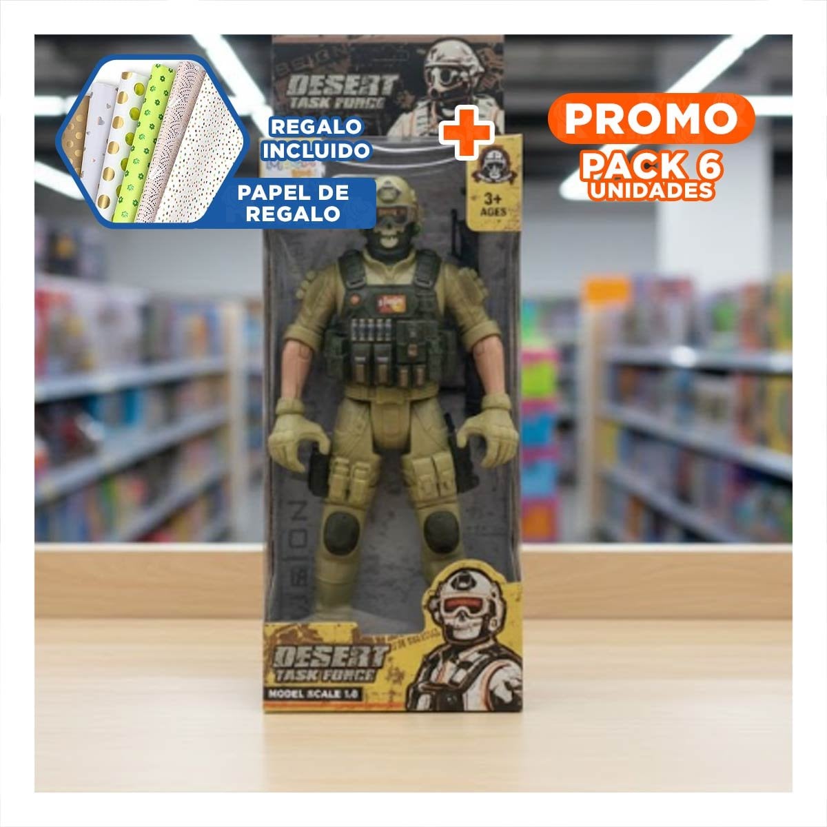 PACK6 ESCULTURA TEMATICA DEL DESIERTO MILITAR CON MASCARA YPAPEL REGALO - 1